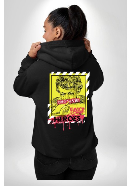 Aşk Meleği Sahte Melek Sus Erkek Kadın Siyah Ön Sırt Baskılı Kapüşonlu Sweatshirt Hoodie