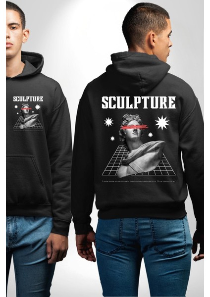 Michelagelo Modern Apollo Heykel Sokak Style Erkek Kadın Siyah Ön Sırt Baskılı Kapüşonlu Sweatshirt Hoodie