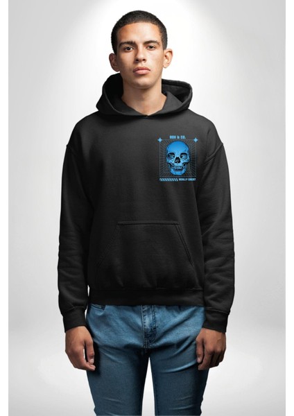 Sokak Sitili Kurukafa Erkek Kadın Siyah Ön Sırt Baskılı Kapüşonlu Sweatshirt Hoodie