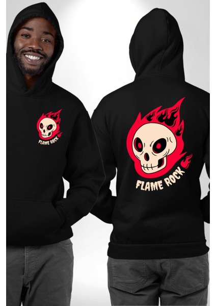 Kırmızı Ateş Kurukafa Rock Erkek Kadın Siyah Ön Sırt Baskılı Kapüşonlu Sweatshirt Hoodie