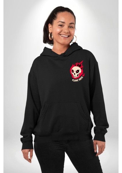 Kırmızı Ateş Kurukafa Rock Erkek Kadın Siyah Ön Sırt Baskılı Kapüşonlu Sweatshirt Hoodie fiyatları