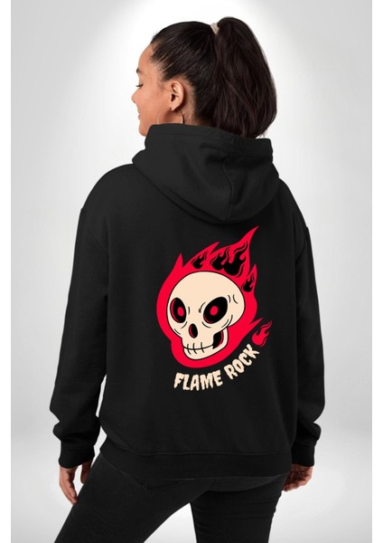 Kırmızı Ateş Kurukafa Rock Erkek Kadın Siyah Ön Sırt Baskılı Kapüşonlu Sweatshirt Hoodie modelleri
