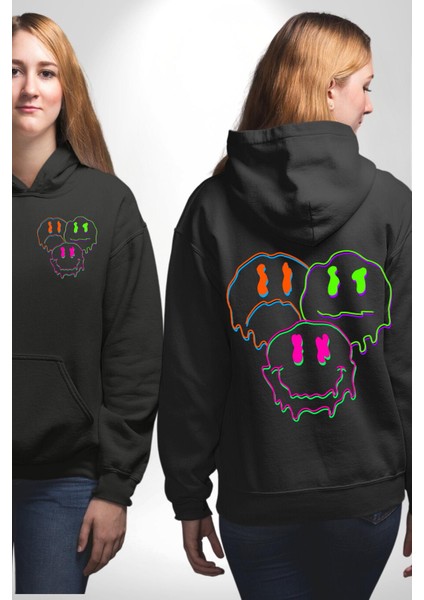 Neon Kafatası Gülen Somurtgan Eriyen Emoji Erkek Kadın Siyah Ön Sırt Baskılı Kapüşonlu Sweatshirt Hoodie