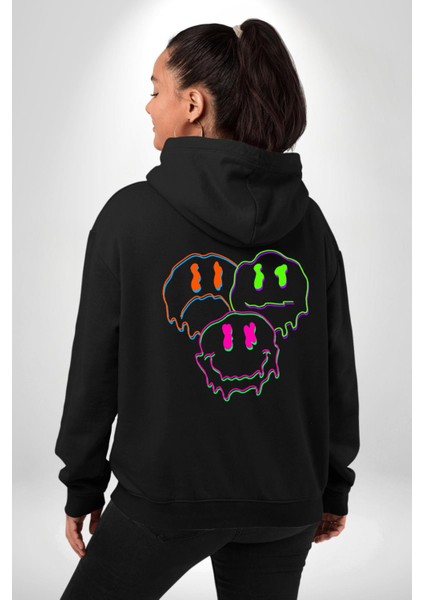 Neon Kafatası Gülen Somurtgan Eriyen Emoji Erkek Kadın Siyah Ön Sırt Baskılı Kapüşonlu Sweatshirt Hoodie