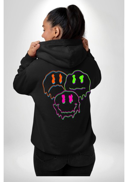 Neon Kafatası Gülen Somurtgan Eriyen Emoji Erkek Kadın Siyah Ön Sırt Baskılı Kapüşonlu Sweatshirt Hoodie