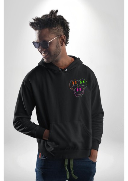 Neon Kafatası Gülen Somurtgan Eriyen Emoji Erkek Kadın Siyah Ön Sırt Baskılı Kapüşonlu Sweatshirt Hoodie