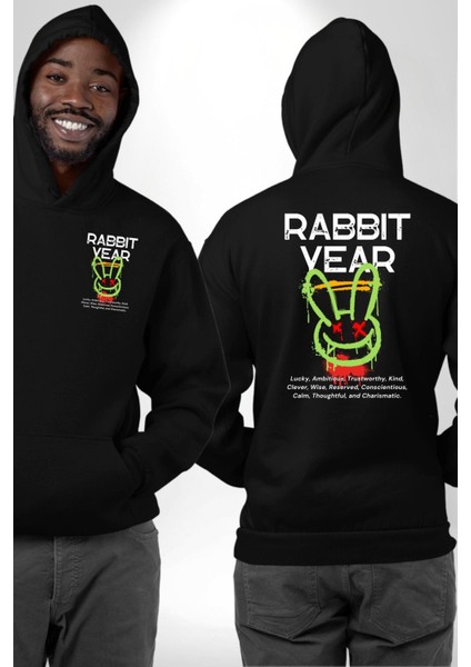 Tavşan Sokak Stili Giyim Erkek Kadın Siyah Ön Sırt Baskılı Kapüşonlu Sweatshirt Hoodie
