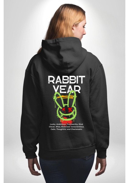 Tavşan Sokak Stili Giyim Erkek Kadın Siyah Ön Sırt Baskılı Kapüşonlu Sweatshirt Hoodie fırsatları