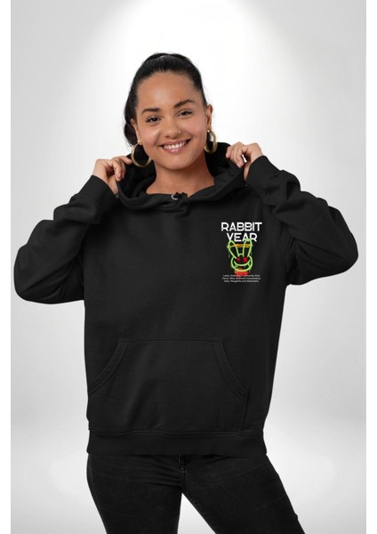 Tavşan Sokak Stili Giyim Erkek Kadın Siyah Ön Sırt Baskılı Kapüşonlu Sweatshirt Hoodie indirimleri