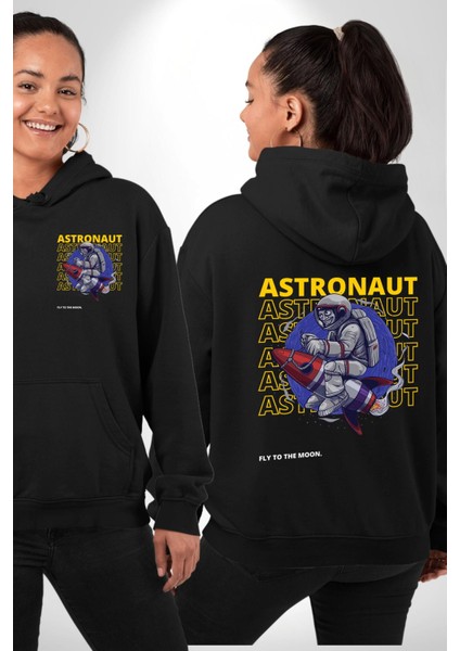 Roket Ata Binen Astronot Erkek Kadın Siyah Ön Sırt Baskılı Kapüşonlu Sweatshirt Hoodie