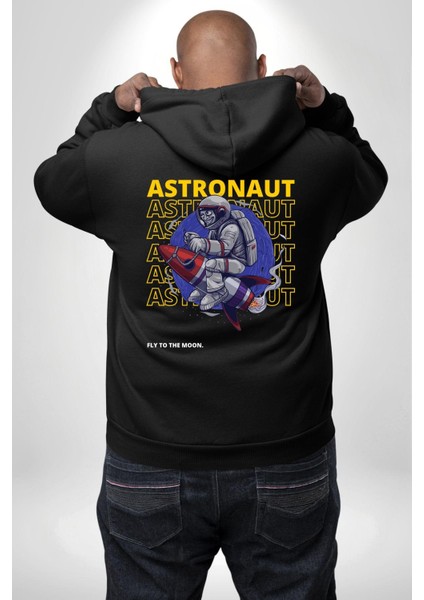 Roket Ata Binen Astronot Erkek Kadın Siyah Ön Sırt Baskılı Kapüşonlu Sweatshirt Hoodie fiyatları
