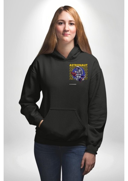 Roket Ata Binen Astronot Erkek Kadın Siyah Ön Sırt Baskılı Kapüşonlu Sweatshirt Hoodie modelleri