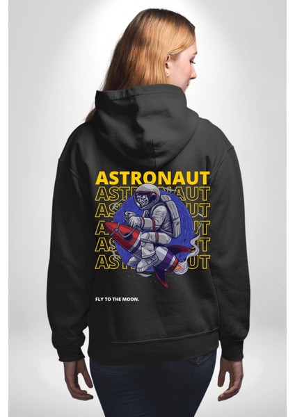Roket Ata Binen Astronot Erkek Kadın Siyah Ön Sırt Baskılı Kapüşonlu Sweatshirt Hoodie fırsatları