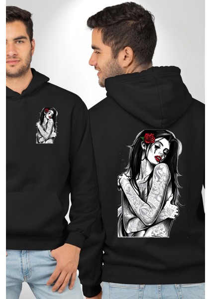 Tattooed Rose Lady Gothic Dövme Sanatı Temalı Erkek Kadın Siyah Ön Sırt Baskılı Kapüşonlu Sweatshirt Hoodie