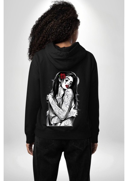 Tattooed Rose Lady Gothic Dövme Sanatı Temalı Erkek Kadın Siyah Ön Sırt Baskılı Kapüşonlu Sweatshirt Hoodie fiyatları