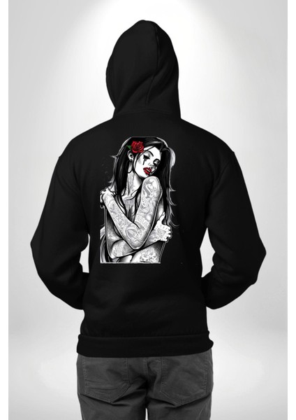 Tattooed Rose Lady Gothic Dövme Sanatı Temalı Erkek Kadın Siyah Ön Sırt Baskılı Kapüşonlu Sweatshirt Hoodie fırsatları