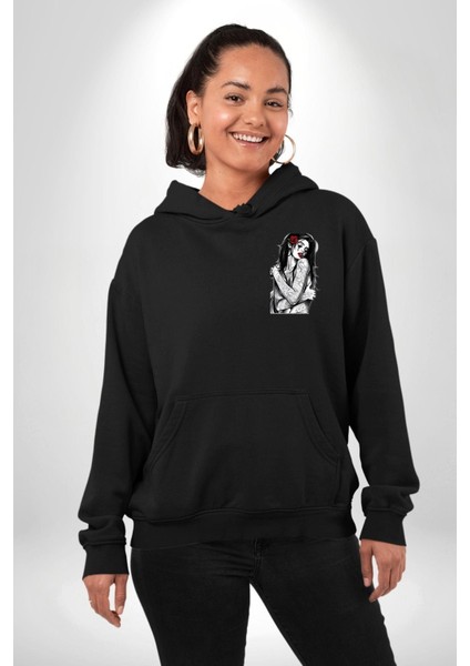 Tattooed Rose Lady Gothic Dövme Sanatı Temalı Erkek Kadın Siyah Ön Sırt Baskılı Kapüşonlu Sweatshirt Hoodie indirimleri