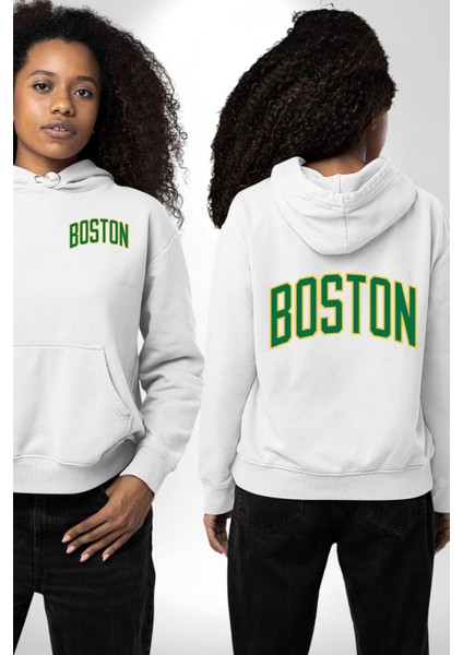 Boston Erkek Kadın Beyaz Ön Sırt Baskılı Kapüşonlu Sweatshirt Hoodie