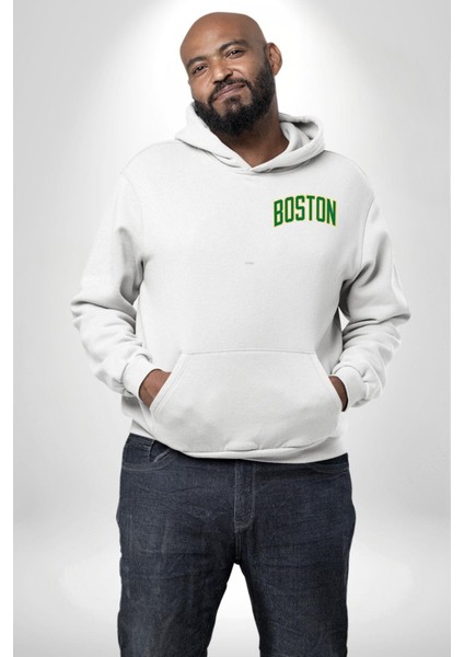 Boston Erkek Kadın Beyaz Ön Sırt Baskılı Kapüşonlu Sweatshirt Hoodie fiyatları