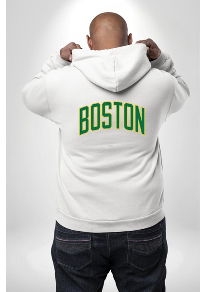 Boston Erkek Kadın Beyaz Ön Sırt Baskılı Kapüşonlu Sweatshirt Hoodie modelleri