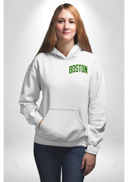 Boston Erkek Kadın Beyaz Ön Sırt Baskılı Kapüşonlu Sweatshirt Hoodie fırsatları