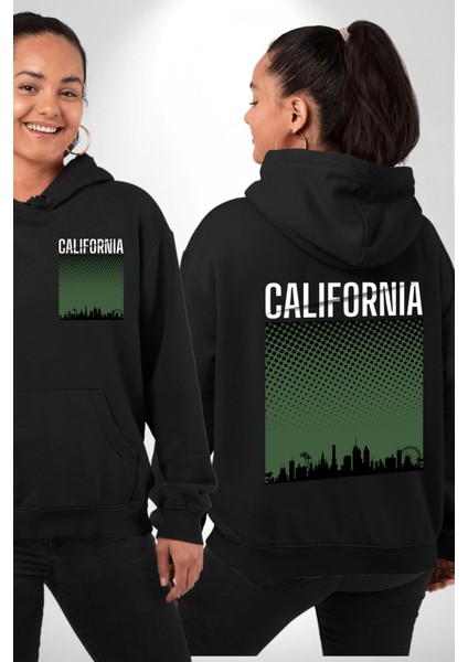 California Erkek Kadın Siyah Ön Sırt Baskılı Kapüşonlu Sweatshirt Hoodie