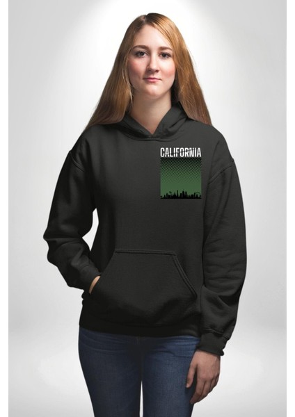 California Erkek Kadın Siyah Ön Sırt Baskılı Kapüşonlu Sweatshirt Hoodie