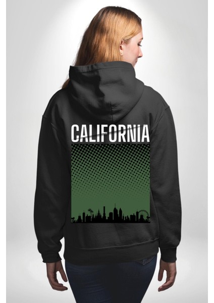 California Erkek Kadın Siyah Ön Sırt Baskılı Kapüşonlu Sweatshirt Hoodie