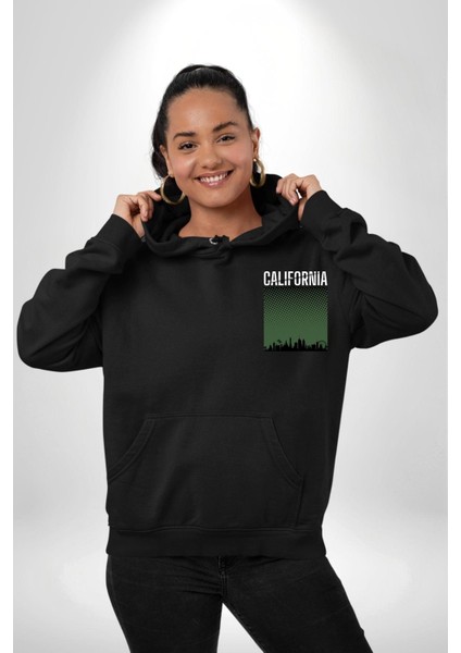 California Erkek Kadın Siyah Ön Sırt Baskılı Kapüşonlu Sweatshirt Hoodie
