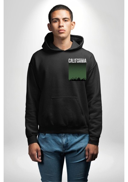 California Erkek Kadın Siyah Ön Sırt Baskılı Kapüşonlu Sweatshirt Hoodie