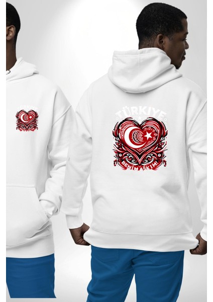Türkiye Ay Yıldız Kırmızı Beyaz Kalp Erkek Kadın Beyaz Ön Sırt Baskılı Kapüşonlu Sweatshirt Hoodie