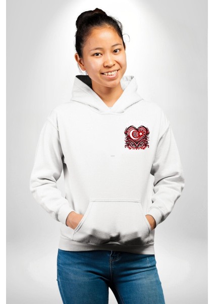 Türkiye Ay Yıldız Kırmızı Beyaz Kalp Erkek Kadın Beyaz Ön Sırt Baskılı Kapüşonlu Sweatshirt Hoodie fırsatları