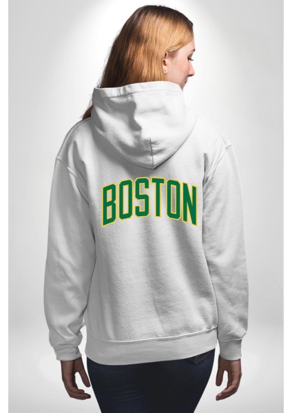 Boston Erkek Kadın Beyaz Ön Sırt Baskılı Kapüşonlu Sweatshirt Hoodie indirimleri