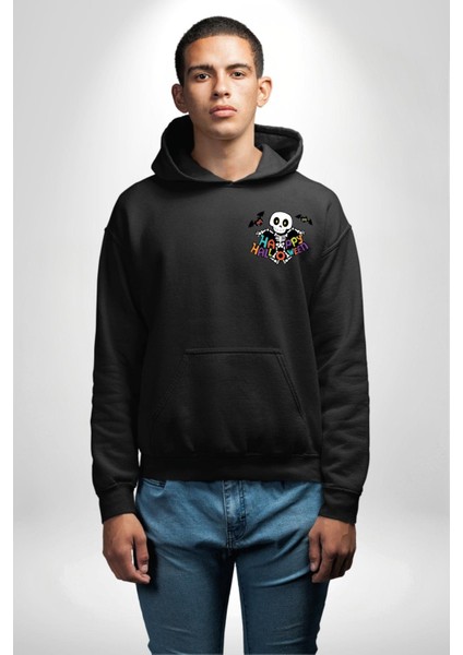 Halloween Skeleton Eğlenceli Cadılar Bayramı Erkek Kadın Siyah Ön Sırt Baskılı Kapüşonlu Sweatshirt Hoodie