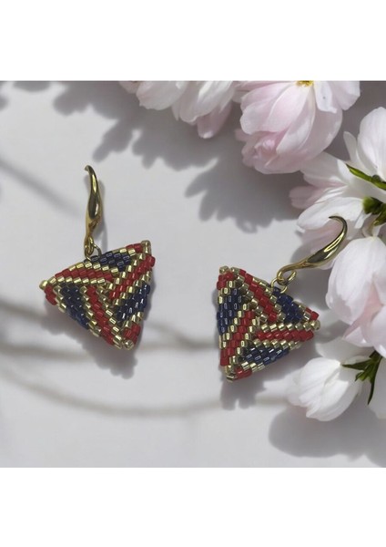 Kırmızı, Lacivert, Gold, Üçgen Küpe, Boncuk Küpe, Handmade Takı, Aksesuar, Bijuteri Küpe