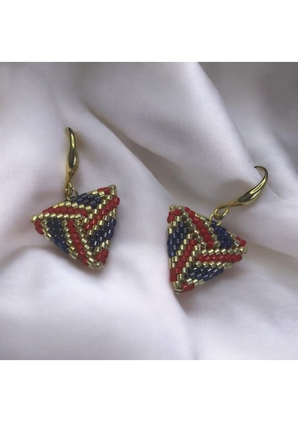 Kırmızı, Lacivert, Gold, Üçgen Küpe, Boncuk Küpe, Handmade Takı, Aksesuar, Bijuteri Küpe fiyatları