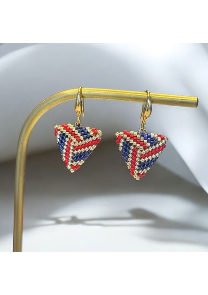 Kırmızı, Lacivert, Gold, Üçgen Küpe, Boncuk Küpe, Handmade Takı, Aksesuar, Bijuteri Küpe fırsatları