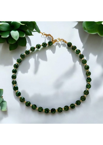 Yeşil Tonları Cam Boncuk Taşlı Kolye, Choker Kolye