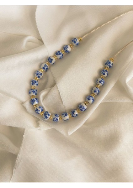 Mavi Beyaz Porselen Boncuk Kolye, Blue White Porcelain Necklace