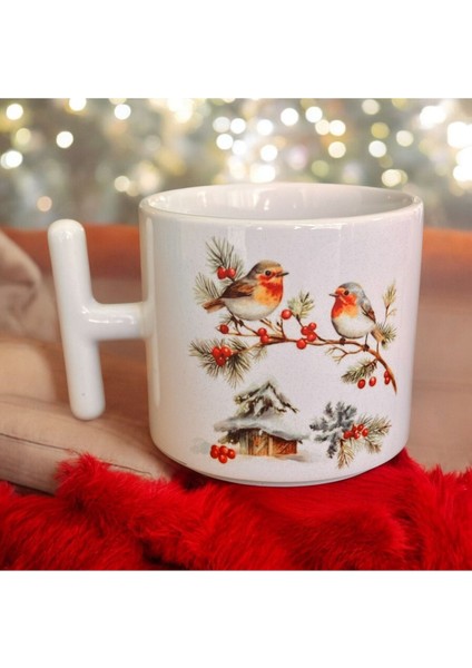 Yeniyıl Hediyelik Kupa, 2025, Yılbaşı Kupası, Özel Tasarım Porselen Kupa, Kış, Kuş, Kar, Romantik