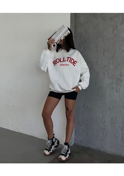 Özel Tasarım Bisiklet Yaka Rolltide Baskılı Şardonlu Kışlık Oversize Trend Kadın Sweatshırt