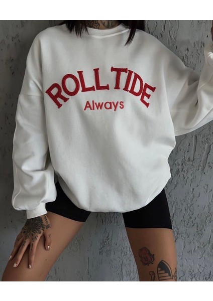 Özel Tasarım Bisiklet Yaka Rolltide Baskılı Şardonlu Kışlık Oversize Trend Kadın Sweatshırt