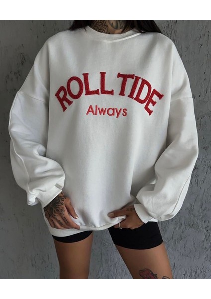 Özel Tasarım Bisiklet Yaka Rolltide Baskılı Şardonlu Kışlık Oversize Trend Kadın Sweatshırt