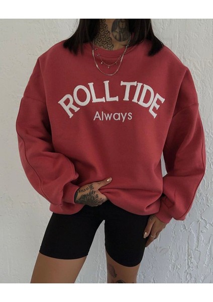 Özel Tasarım Bisiklet Yaka Rolltide Baskılı Şardonlu Kışlık Oversize Trend Kadın Sweatshırt