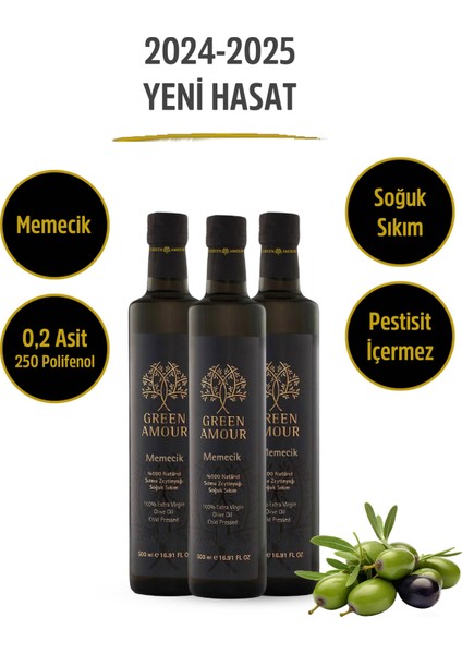 Memecik 0,2 asit, Yeni hasat, Soğuk sıkım , 251 polifenol, Pestisit içermez 3X 500 ml Natürel Sızma Zeytinyağı