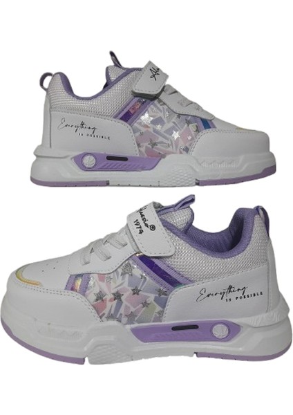 Kız Çocuk Beyaz-Lila Düz Taban Spor Ayakkabı