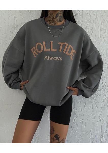 Özel Tasarım Bisiklet Yaka Rolltide Baskılı Şardonlu Kışlık Oversize Trend Kadın Sweatshırt