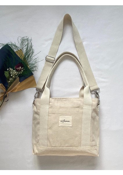 Fermuarlı Kanvas Çanta Omuz Askılı Tote Bag