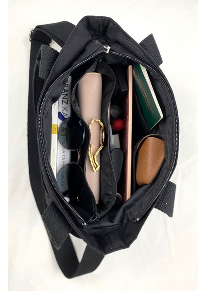 Fermuarlı Kanvas Çanta Omuz Askılı Tote Bag