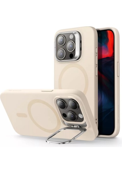 Apple iPhone 15 Pro Uyumlu, Cloud Soft Halolock Magsafe Kickstand Kılıf Tan Rengi